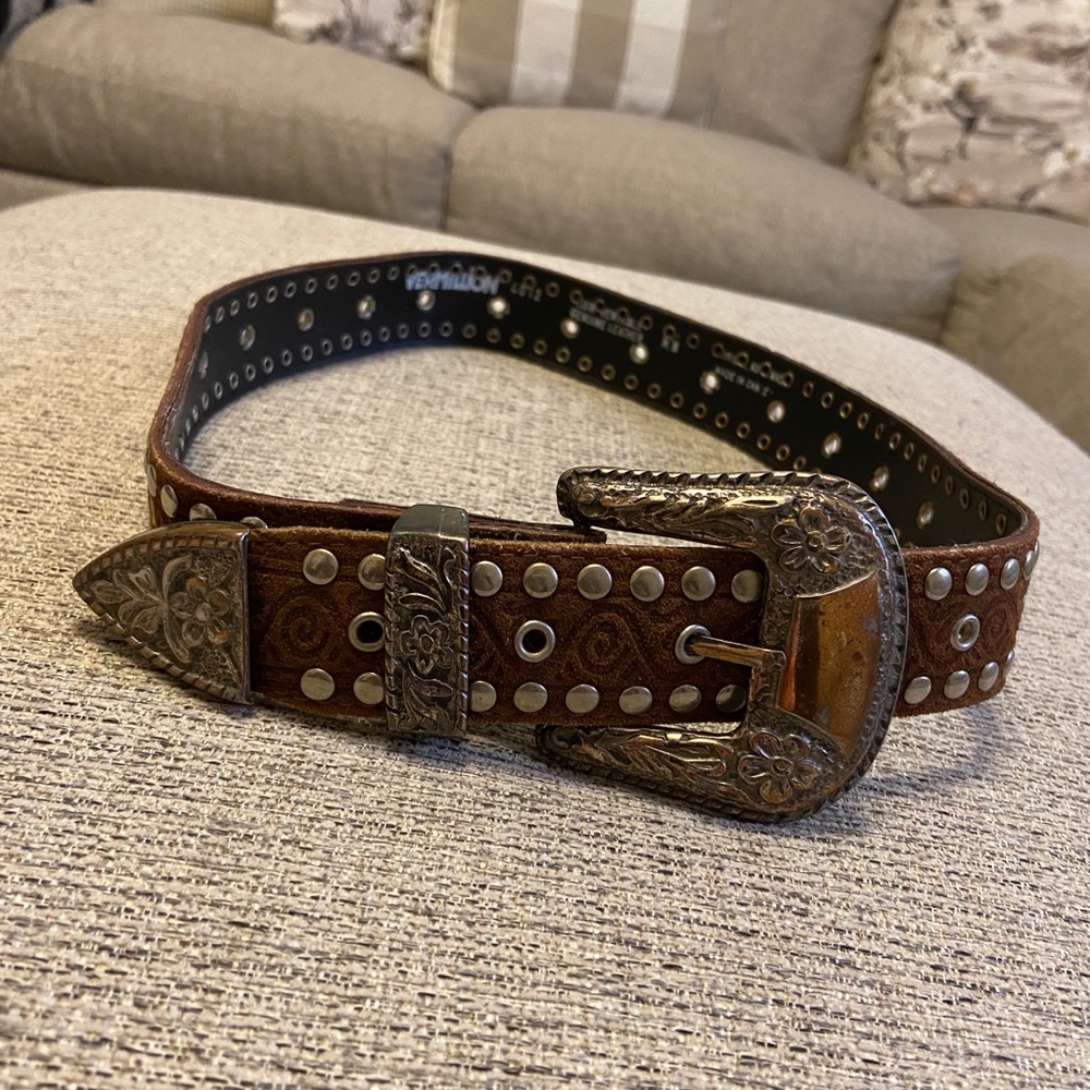 Vermillion brown leather and silver studded belt